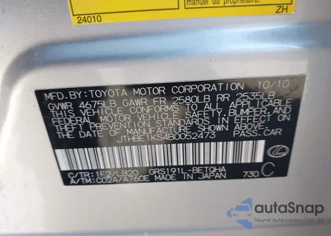 2011 Lexus Gs 350 from USA, damaged, VIN JTHBE1KS4B0052473